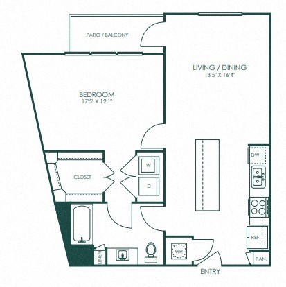 Floor plan for 1 bed, 1 bath, 802 sqft